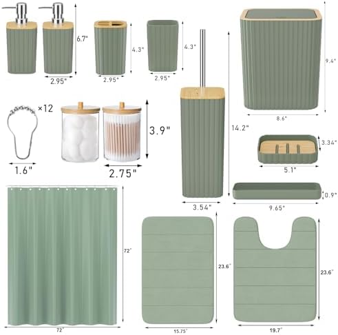 XLHOMO Bathroom Accessories Set - 25PC Sage Green Bathroom Set, Bathroom Set with Shower Curtain and Rugs, Green Shower Curtain Set, Toilet Brush, Bathroom Trash Can