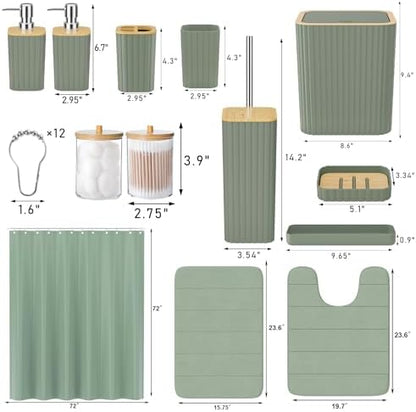XLHOMO Bathroom Accessories Set - 25PC Sage Green Bathroom Set, Bathroom Set with Shower Curtain and Rugs, Green Shower Curtain Set, Toilet Brush, Bathroom Trash Can