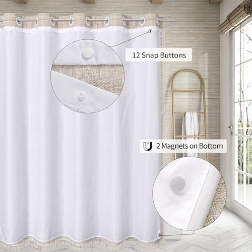 MitoVilla No Hooks Needed Boho Farmhouse Shower Curtain with Snap-in Liner, Cotton Linen Fabric Shower Curtains with Tassels for Rustic Neutral Bathroom Decor, Tan/Taupe, 72 x 74