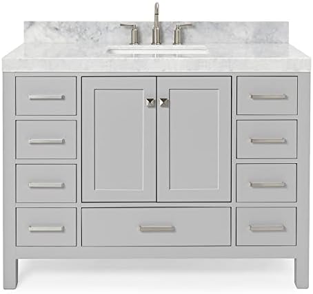 ARIEL Cambridge 48-inch Bathroom Vanity with Sink,Solid Wood, 2-inch Italian Carrara Marble Countertop, Single Rectangular Porcelain Sink, 2 Soft Closing Doors, 9 Dovetail Drawers, Grey