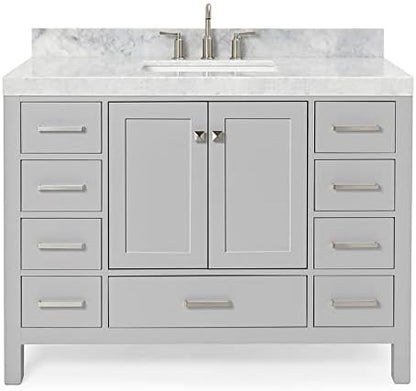 ARIEL Cambridge 48-inch Bathroom Vanity with Sink,Solid Wood, 2-inch Italian Carrara Marble Countertop, Single Rectangular Porcelain Sink, 2 Soft Closing Doors, 9 Dovetail Drawers, Grey