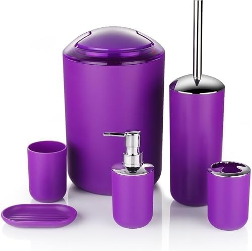 Bathroom Accessories Set 6 Piece -(Trashcan, Soap Dispenser, Toothbrush Holder, Soap Dish,Toilet Brush) for Decorative Countertop and Housewarming Gift (Purple)