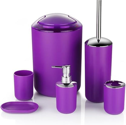 Bathroom Accessories Set 6 Piece -(Trashcan, Soap Dispenser, Toothbrush Holder, Soap Dish,Toilet Brush) for Decorative Countertop and Housewarming Gift (Purple)