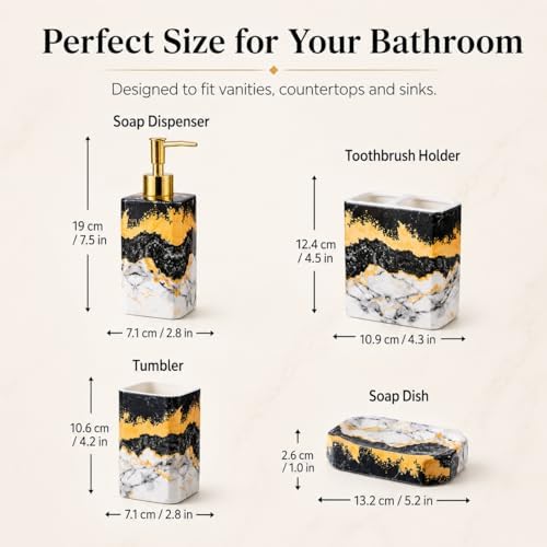 4 Piece Bathroom Accessories Set - Black and White Includes Lotion Dispenser, Toothbrush Holder Tumbler, and Soap Dish - Glossy Finish (Marble, Black, and White)