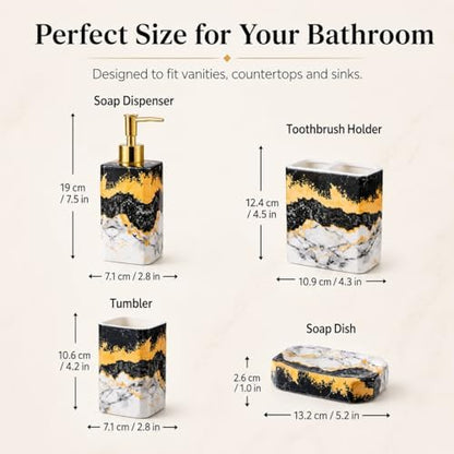4 Piece Bathroom Accessories Set - Black and White Includes Lotion Dispenser, Toothbrush Holder Tumbler, and Soap Dish - Glossy Finish (Marble, Black, and White)