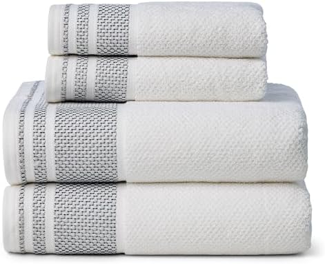 Texere 100% Organic Cotton Rice Weave Jacquard 700 GSM Luxury Bath Towel Sets - 2 Large Bath Towels, 2 Hand Towels (Rice Weave, BRT Wht w/Blk, 2 Bath & 2 Hand Towels)
