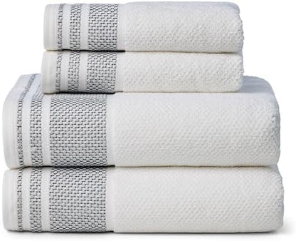 Texere 100% Organic Cotton Rice Weave Jacquard 700 GSM Luxury Bath Towel Sets - 2 Large Bath Towels, 2 Hand Towels (Rice Weave, BRT Wht w/Blk, 2 Bath & 2 Hand Towels)