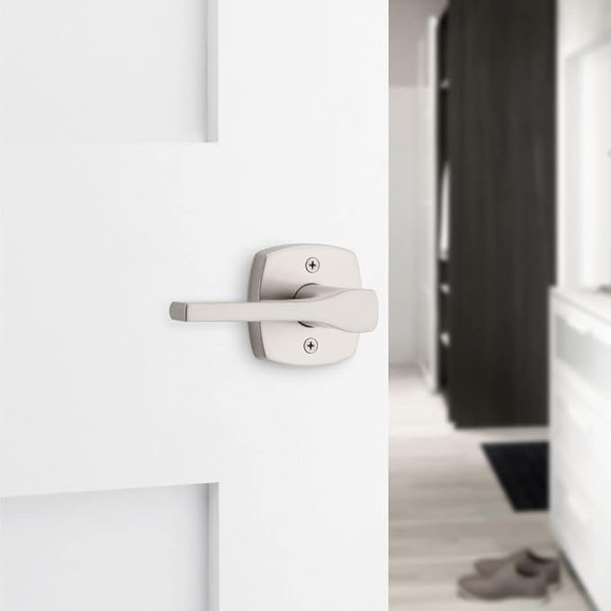 Kwikset Tripoli Lever Interior Privacy Door Handle with Lock, Door Lever For Bathroom and Bedroom, Satin Nickel Reversible Keyless Turn Lock, with Microban Protection