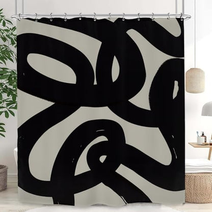 Abstract Black Line Shower Curtain 72Wx84L Inch Extra Long Modern Minimalist Contemporary Geometric Neutral Bathroom Set Accessories Decor with 12 Pack Hooks