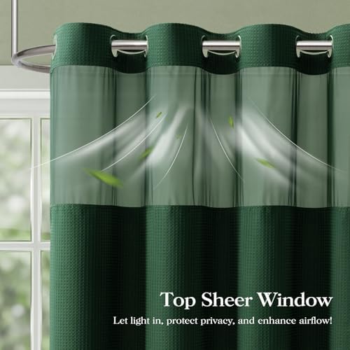 Dynamene Dark Green Hook Free Waffle Shower Curtain & Snap-in Liner,72x99