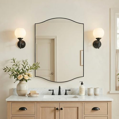 ANDY STAR Scalloped Bathroom Mirror，24"x32" Black Rectangle Wall Mirror with Curved Edge Stainless Steel Metal Frame, Irregular Vanity Wall-Mounted Mirror for Bathroom, Entryway