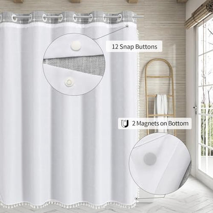 MitoVilla No Hooks Needed Boho Farmhouse Shower Curtain with Snap-in Liner, Cotton Linen Fabric Shower Curtains with Tassels for Rustic Neutral Bathroom Decor, Grey, 72 x 74