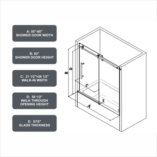 Single Sliding Shower Door,55"-60" W x 63" H Frameless Shower Door with 5/16" (8mm) Thick SGCC Tempered Glass W/Adjustable Soft Closing,Bathroom Glass Door for Spa（Brushed Nickel）