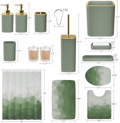 XLHOMO Bathroom Accessory Set - 26PC Bathroom Shower Curtain and Rug Set, Bathroom Accessories Set, Sage Green Bathroom Set with Trash Can, Toilet Brush, Qtip Holder & Soap Dispenser