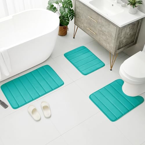 BYSURE Light Teal Memory Foam Bathroom Rug Set 3 Piece