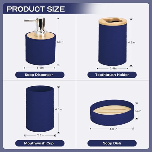 RRM 4 Piece Bamboo Bathroom Accessories Set, Boho Bathroom Decor, Navy Blue