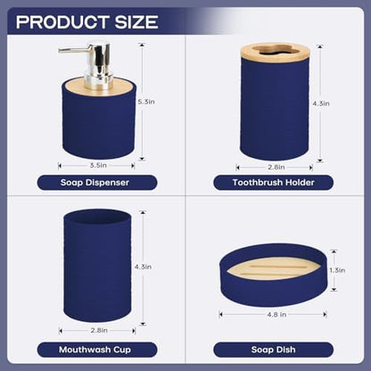 RRM 4 Piece Bamboo Bathroom Accessories Set, Boho Bathroom Decor, Navy Blue