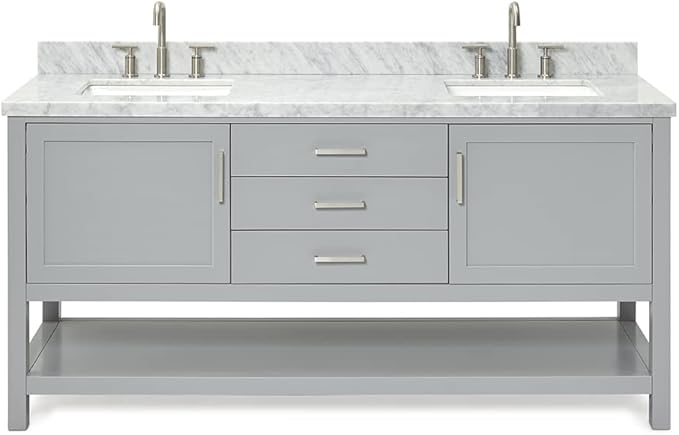 ARIEL Bayhill 72-inch Bathroom Vanity with Sink,Solid Wood, 1.5-inch Italian Carrara Marble Countertop, Double Rectangular Porcelain Sink, 2 Soft Closing Doors, 3 Dovetail Drawers, Grey
