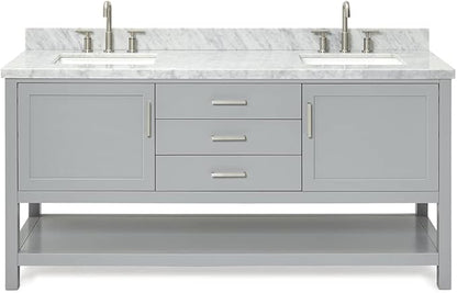 ARIEL Bayhill 72-inch Bathroom Vanity with Sink,Solid Wood, 1.5-inch Italian Carrara Marble Countertop, Double Rectangular Porcelain Sink, 2 Soft Closing Doors, 3 Dovetail Drawers, Grey
