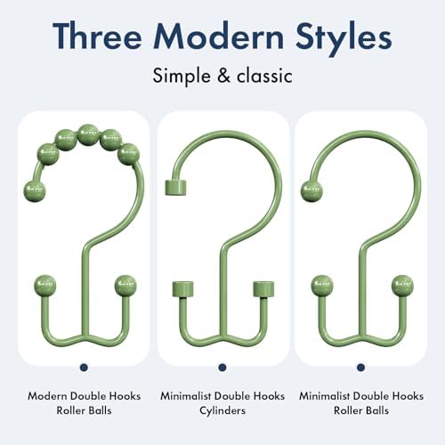 Bathway Shower Curtain Hooks Green Shower Curtain Rings, 12 Pcs Double Hook Shower Curtain Hooks Rings Shower Curtain Hangers Rust Proof, Metal Shower Hooks for Bathroom Shower Curtain Rod