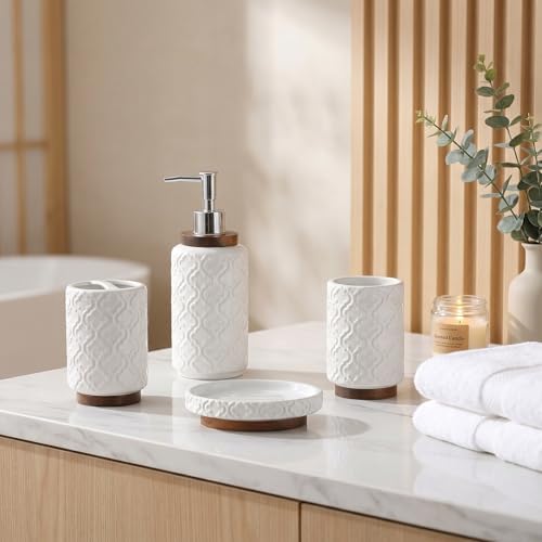 RQYIXI Ceramic Bathroom Accessories Set,White,4 Piece,Embossed Design