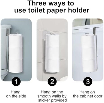 Bathroom Toilet Paper Holder with Storage, Over The Tank Toilet Paper Holder, Toilet Paper Roll Holder for 3 Rolls, Adhesive Tissue Holder for Bathroom, Silver, 2PC