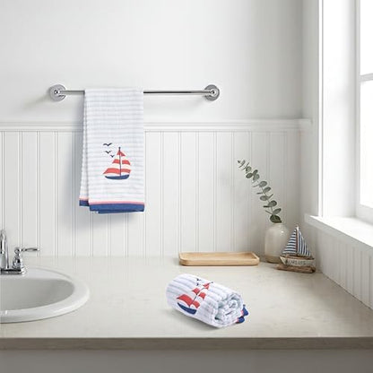 Ritz 2-Piece Cotton Velour Bathroom Hand Towel Set, Embroidered Sailboat Design, Blue Pinstripe Decorative Towels for Lake House, Beach, Coastal Decor, 16” x 26”