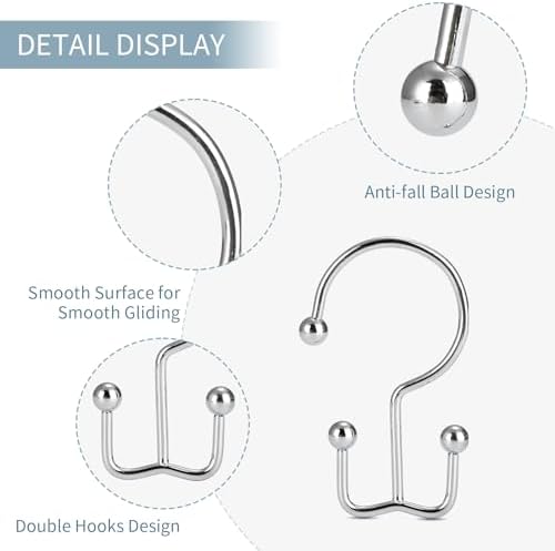 24 Pcs Shower Curtain Hooks, Goowin Shower Curtain Rings, Durable Silver Shower Curtain Hooks Rust Proof, Shower Rings for Curtain, Double Glide Shower Hooks for Shower Curtain Rods, Chrome