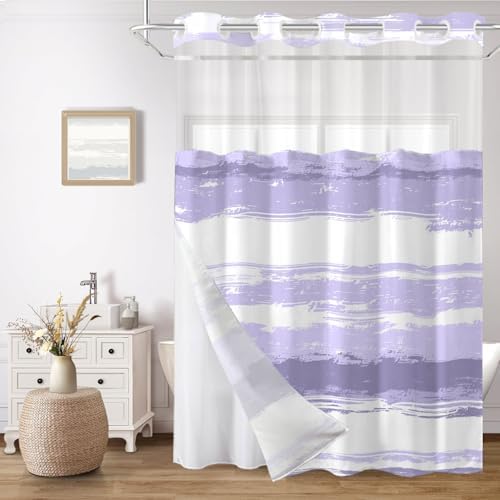 No Hook Shower Curtain with Liner, Purple Stripe, 71x74 Inch