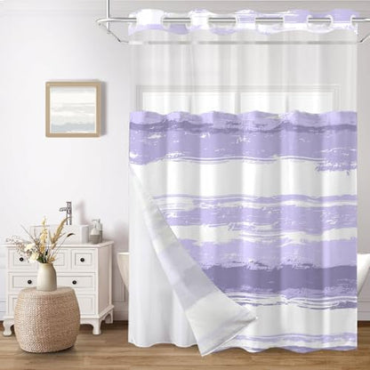 No Hook Shower Curtain with Liner, Purple Stripe, 71x74 Inch