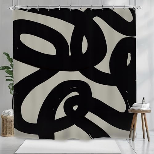 Abstract Black Shower Curtain 72Wx72L Inch Modern Minimalist Contemporary Geometric Line Neutral Simple Bathroom Set Accessories Decor with 12 Pack Hooks