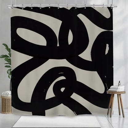 Abstract Black Shower Curtain 72Wx72L Inch Modern Minimalist Contemporary Geometric Line Neutral Simple Bathroom Set Accessories Decor with 12 Pack Hooks
