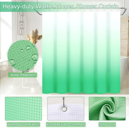 32PCS Green Bathroom Accessories Set with Shower Curtain,Rugs,Trash Can,3PCS Lotion Soap Dispenser, Toothbrush Holder, Soap Dish,Tumbler Cup,6PCS Wood Tags Bath Accessories with Tray for Bathroom