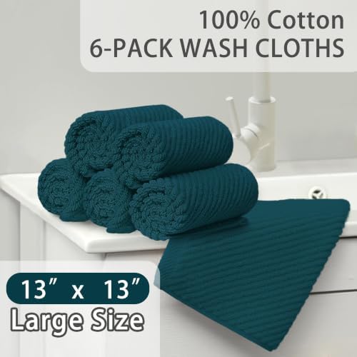 VOOVA & MOVAS Face Towels 6PC, 100% Cotton, 13x13 in, Deep Turquoise