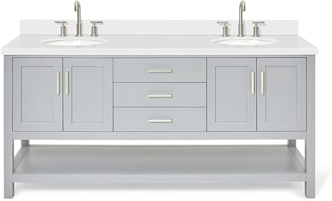 ARIEL Magnolia 72-inch Bathroom Vanity with Sink,Solid Wood, 1.5-inch Pure White Quartz Countertop & Backsplash, Double Oval Porcelain Sink, 4 Soft Closing Doors, 3 Dovetail Drawers, Grey