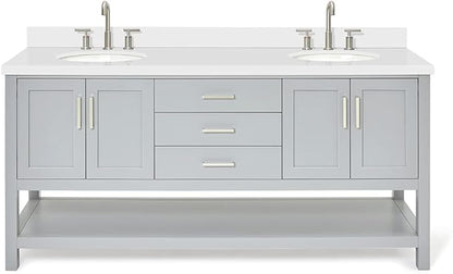 ARIEL Magnolia 72-inch Bathroom Vanity with Sink,Solid Wood, 1.5-inch Pure White Quartz Countertop & Backsplash, Double Oval Porcelain Sink, 4 Soft Closing Doors, 3 Dovetail Drawers, Grey