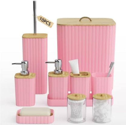 Bathroom Accessories Set - 10PC Bathroom Set, Pink Bathroom Set, Bathroom Accessories Set, Toilet Brush, Bathroom Trash Can & Soap Dispenser
