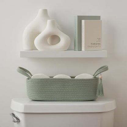 Decorative Toilet Paper Basket – Beautiful Bathroom Organizer for Toilet Tank Storage Decor – Boho Cotton Rope Bin with Tassel for Bathroom Accessories and as Shelf Decor (sage Green)