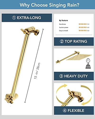 15 Inch Extra Long Adjustable Shower Head Extension Arm With Locking Set Screw, Singing Rain 304 Stainless Steel Angle Height Adjustable, G1/2 Universal Connector Compatible (Egyptian Gold)