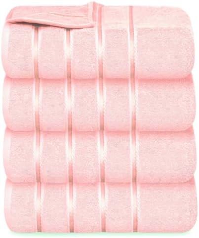 Luxury Bath Towels Set of 4-27x54 Inches 600GSM 100% Cotton Ring Spun - Daily Use Highly Absorbent Viscose Stripe Bath Towel Sets for Bathroom, Hotel, Spa (Light Pink)