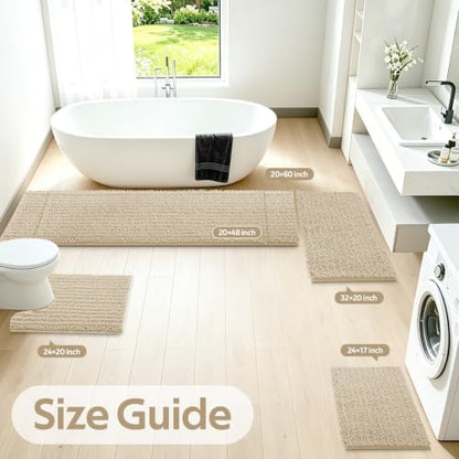ACCUMTEK Upgrade Luxury 2 Piece Beige Toilet Bathroom Rug Mat U Shape 24"x20"+48"x20", Ultra Soft Thick Absorbent Bath Mats, Non Slip Chenille Toilet Mat for Bathroom, Bedroom, Kitchen, Shower, Tub