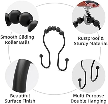 Bathway Shower Curtain Hooks Shower Curtain Rings Black Shower Curtain Hooks RustProof Smooth Metal Double Shower Curtain Hook, Shower Hooks for Shower Curtain Liner Bathroom Shower Rod Hook