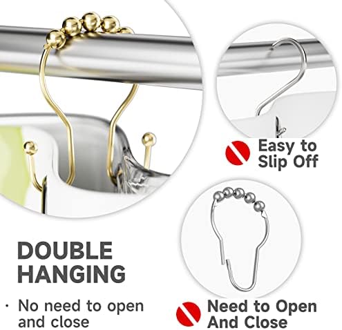 Bathway Gold Shower Curtain Hooks, Shower Curtain Hook Shower Curtain Rings Rust Proof Smooth Double Shower Curtain Hooks, Shower Hooks for Shower Curtain Bathroom Shower Rod Hook 12 Pcs