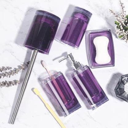 5 Pcs Purple Acrylic Bathroom Accessories Set Complete,Lotion/Soap Dispenser,Soap Dish,Toothbrush Holder, Tumbler,Toilet Brush and Holder,Modern Bathroom Decor and Housewarming Gift Set (Dark Purple)