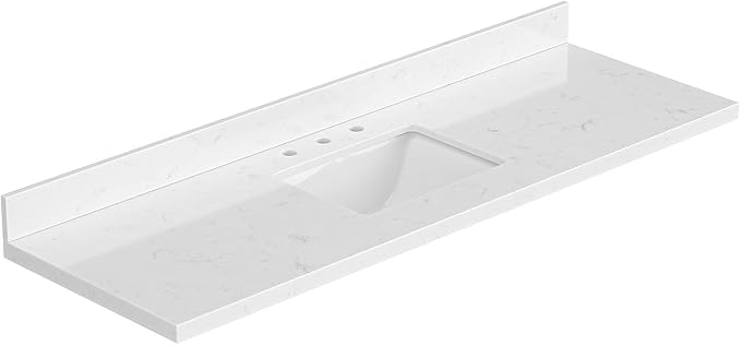 ARIEL 66 inch Bathroom Vanity top with Sink, 1.5 Inch Thick Miter Edge Carrara White Quartz top, Rectangle Single Porcelain Sink, Includes Backsplash