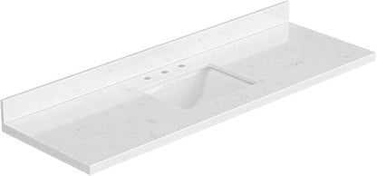 ARIEL 66 inch Bathroom Vanity top with Sink, 1.5 Inch Thick Miter Edge Carrara White Quartz top, Rectangle Single Porcelain Sink, Includes Backsplash