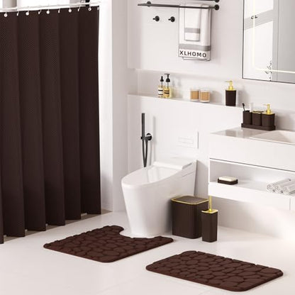 XLHOMO Bathroom Accessories Set - 25PC Brown Bathroom Sets with Shower Curtain and Rugs, Bathroom Accessory Set, Brown Shower Curtain Set, Trash Can, Qtip Holder Dispenser & Soap Dispenser
