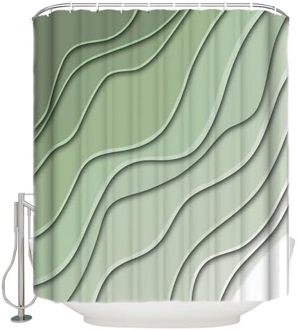 Shower Curtain Bathroom Set Gradient Sage Green Ocean Wave Line Waterproof Shower Curtains with Grommets Hooks Simple Striped Privacy Bath Curtain for Bathtub Decor 72x78in