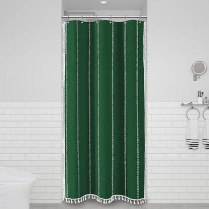 BTTN Small Boho Linen Heavy Duty Cloth Shower Curtain, 36x72, Emerald Green