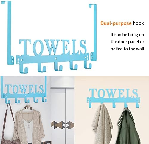 Kuhome Over The Door Towel Holder - Hooks & Rack for Bathroom, Robe & Beach Towels (Blue)